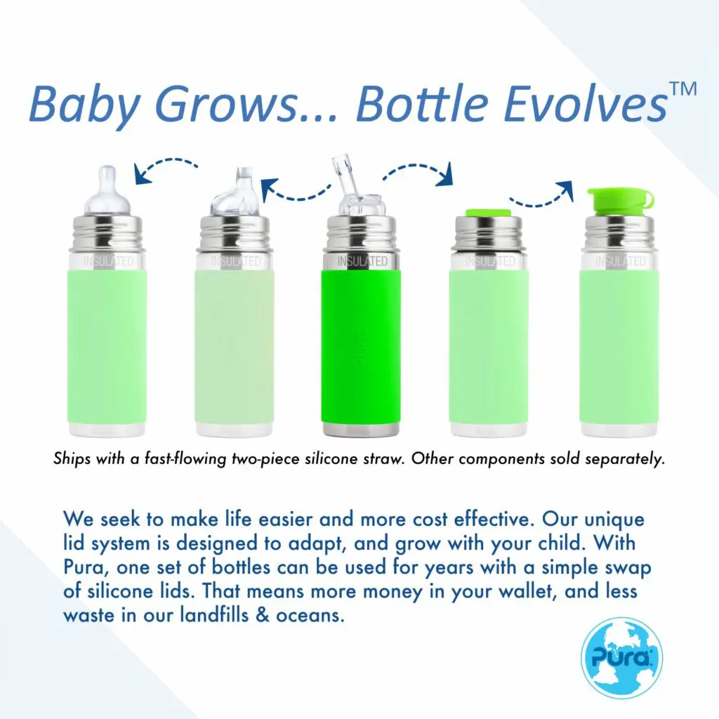 Pura Kiki stainless steel sippy cups which grow from feeding cups to sports bottle